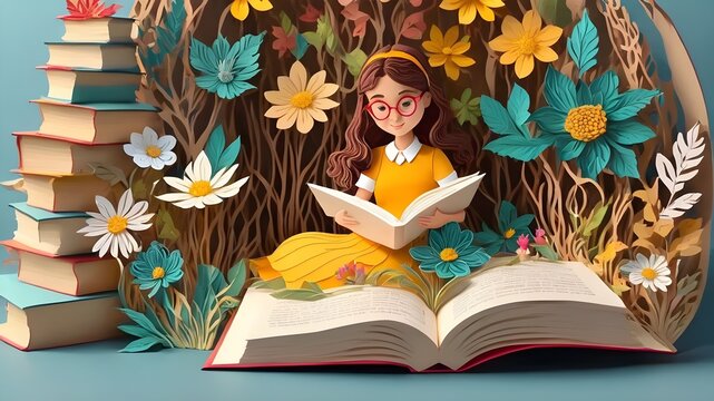 girl  reading a book in the middle of flower , Books , paper art illustration 