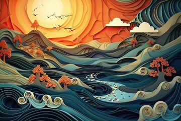 Ocean Dreamscape with Colorful Flowers