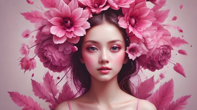 A collage of abstract contemporary surreal art that depicts a young woman with flowers pink theme ,surreal art 