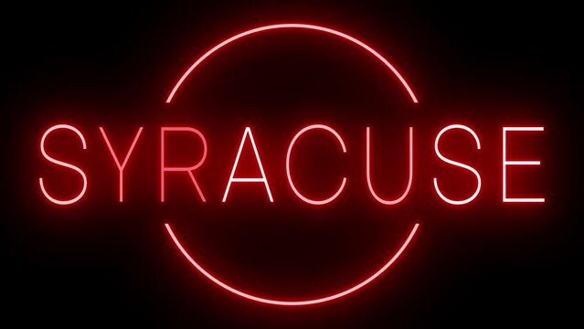 Flickering red retro style neon sign glowing against a black background for SYRACUSE
