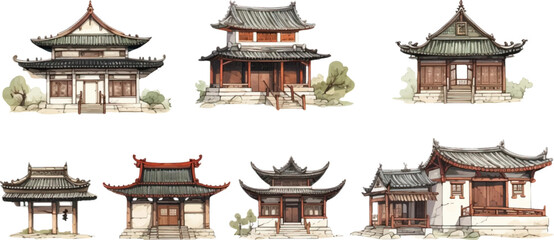 Naklejka premium Set of ancient Chinese style houses on a white background.
