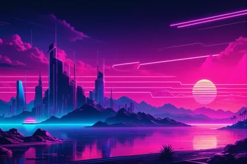 Fototapeten Illustration of synthwave retro cyberpunk style landscape background banner or wallpaper. Bright neon pink and purple colors © Giuseppe Cammino