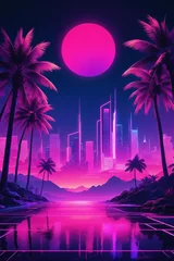 Wall murals Pink Illustration of synthwave retro cyberpunk style landscape background banner or wallpaper. Bright neon pink and purple colors