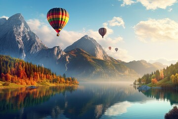 Fly through the sky with us over the picturesque mountain lake scene