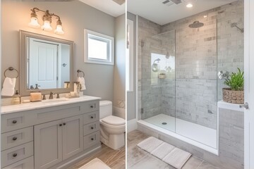 Fototapeta na wymiar Modern bathroom interior design with large glass shower and grey vanity