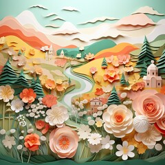 Fototapeta na wymiar Fantasy Landscape with Flowers and Stream