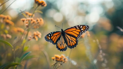 Vibrant Monarch Butterfly Resting on Wildflowers in a Sunlit Meadow