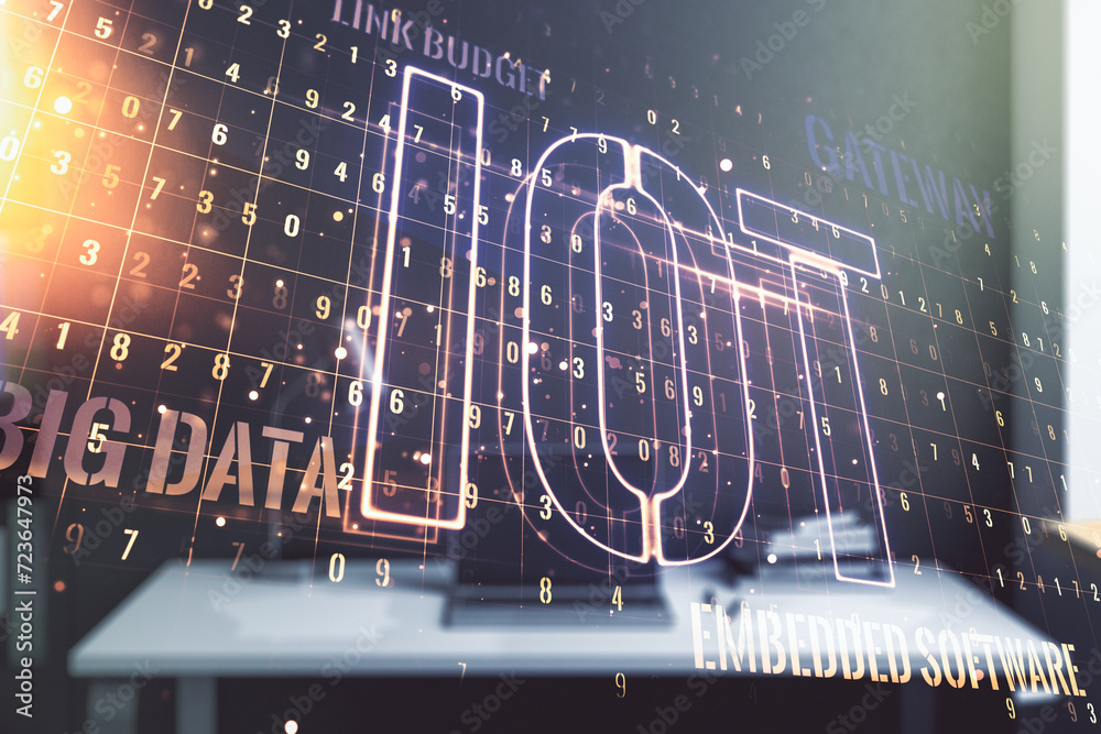 Poster Creative IOT concept and modern desktop with computer on background. Multiexposure