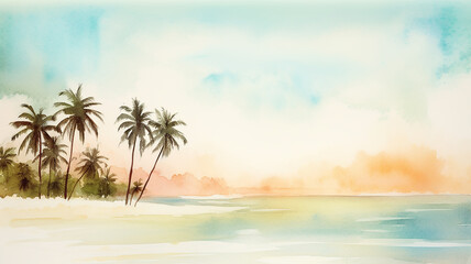 panoramic view tropical climate, simple watercolor illustration of palm trees, landscape morning on the tropical seashore