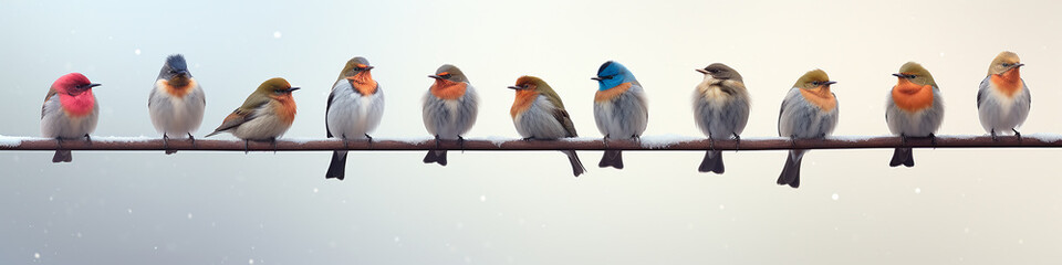 long narrow panoramic view winter postcard, a row of colorful little birds in a snowfall on a branch, snow weather nature