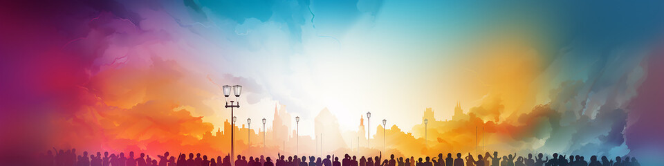 multicolored crowd, a row of silhouettes of people , drawing watercolor style multicultural society, long narrow panoramic view