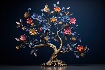 Artistic Metal Tree Sculpture with Gold and Colorful Flower Decorations