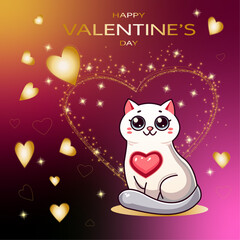 cute cat with big eyes, colored background with a gold heart, for Valentine's Day