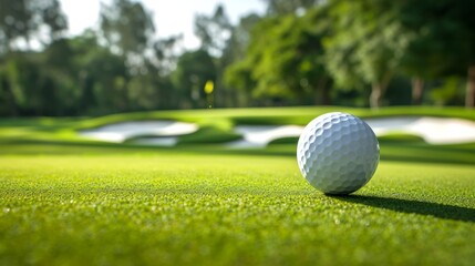 Close-up of a golf ball on a putting green with the pin and green in the background - obrazy, fototapety, plakaty