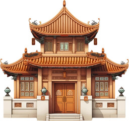 Single house in retro Chinese style on white background.