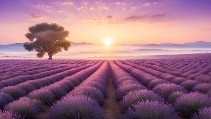 Sunrise over a lavender field, soft morning light. generative AI
