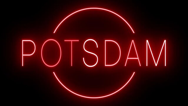 Flickering red retro style neon sign glowing against a black background for POTSDAM