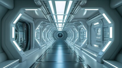 A spacecraft or futuristic structure with a white corridor tunnel. - obrazy, fototapety, plakaty