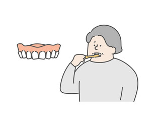 口腔ケアをする高齢女性と入れ歯のイラスト
