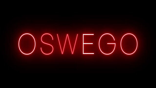 Flickering red retro style neon sign glowing against a black background for OSWEGO