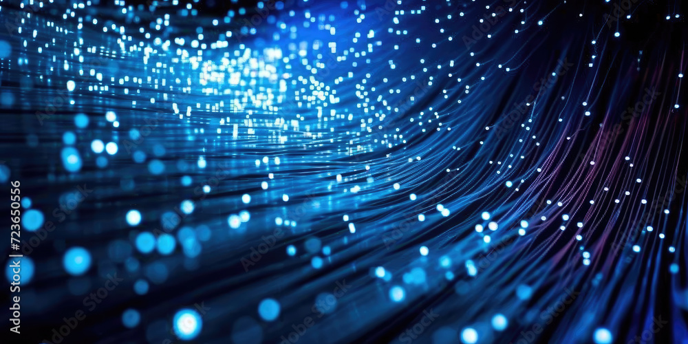 Poster 3d rendering of abstract wire cable tunnel with digital binary data transmitting.blue glowing data c