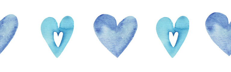 Watercolor central border template of colorful hearts of blue shades on white background. Beautiful decorative elements in shape of hearts isolated on white backround.