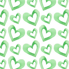 Watercolor pattern green heart on white background. Beautiful decorative elements in shape of hearts isolated on white backround.Eco pattern