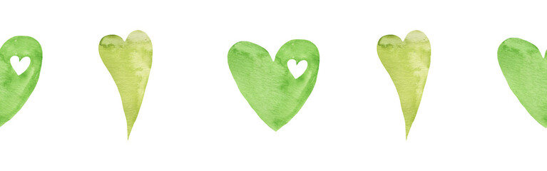 Watercolor central border template of colorful hearts of gree shades on white background. Beautiful decorative elements in shape of hearts in row isolated on white backround.