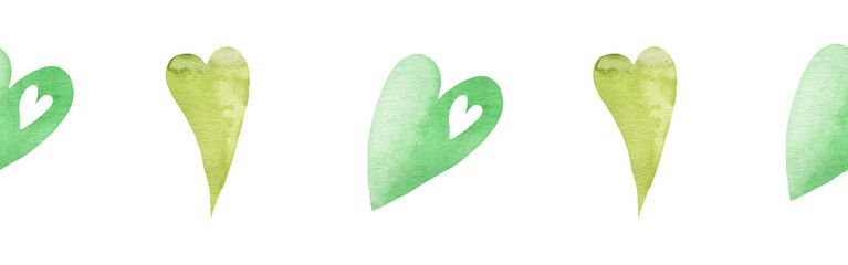 Watercolor central border template of colorful hearts of gree shades on white background. Beautiful decorative elements in shape of hearts in row isolated on white backround.