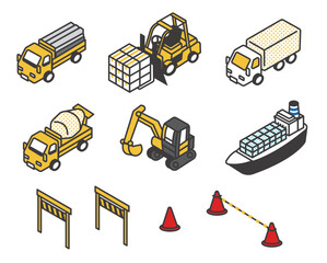 重機や貨物船などの働く車のアイソメのベクターイラスト素材