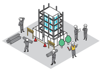 建設現場がある街並みのアイソメベクターイラスト素材