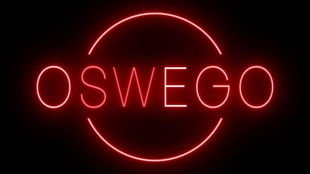 Flickering red retro style neon sign glowing against a black background for OSWEGO
