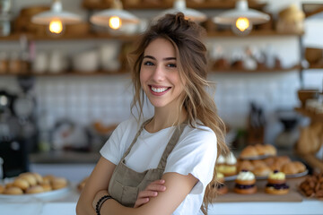 Half-length shot of a young woman baker with arms crossed - obrazy, fototapety, plakaty