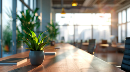 Serene Office Desk with Greenery: Photorealistic Illustration of a Productive Workspace