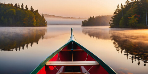 Canoe gliding through a misty lake at sunset, AI-generated. - obrazy, fototapety, plakaty