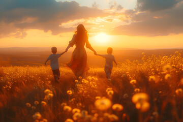Happy mother playing with her sons in a beautiful landscape on sunset. Mother's day