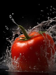tomato in water splash with black background