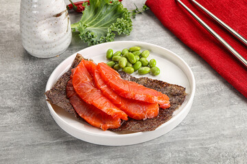 Sliced salmon sashimi in the plate