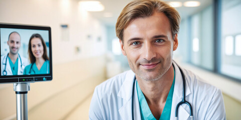 Portrait of a smiling male doctor in a hospital, AI-generated.