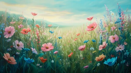 oil painting illustration of a field where whimsical wildflowers dance - obrazy, fototapety, plakaty
