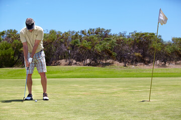 Sport, man and golfer on course outdoor for playing, performance or game with fitness or wellness....