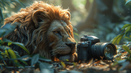 Lion with a professional camera at forest.