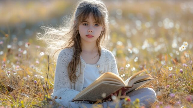 Little girl is reading a book in a field of flowers