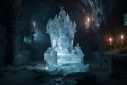 Frosty ice royal seat. Extraordinary and ornamental throne dark room. Generate AI