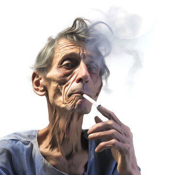 An emaciated man smokes and has lung disease, isolated on transparent background