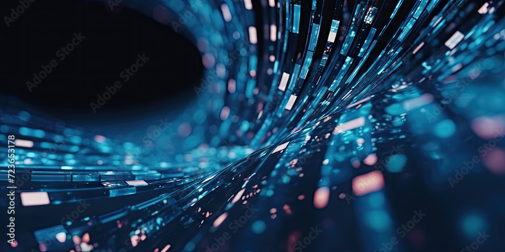 Poster 3d rendering of abstract wire cable tunnel with digital binary data transmitting.glowing data cables