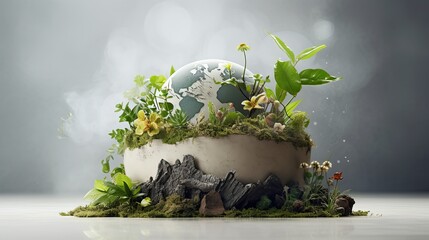 Eco-friendly Earth - A White Ceramic Planter with an assortment of plants, grass, flowers, and a globe