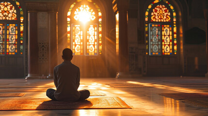 Man praying and kneeling with sunlight through glass window of a mosque