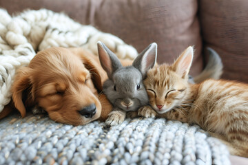 National pet day - sweets and pieceful puppy, kitten and rabbit, cozy sofa