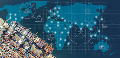 Double exposure of point of map global partnership ship cargo business commercial logistic and...